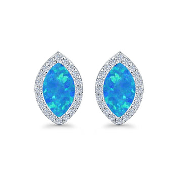 Halo Marquise Stud Earrings Lab Created Blue Opal 925 Sterling Silver (14mm)